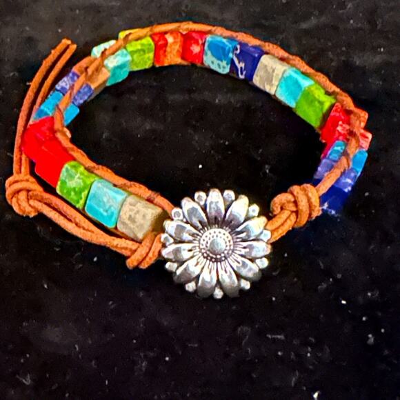 Boho leather wrap square stone rainbow colored bead bracelet flower clasp - Picture 1 of 7
